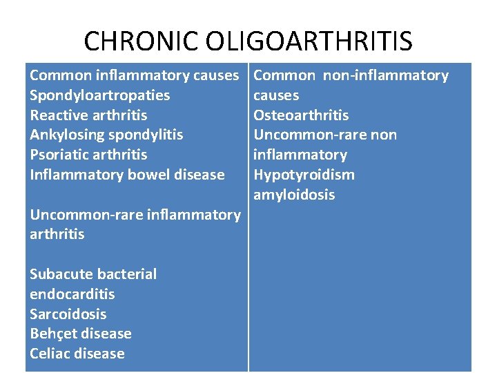 CHRONIC OLIGOARTHRITIS Common inflammatory causes Spondyloartropaties Reactive arthritis Ankylosing spondylitis Psoriatic arthritis Inflammatory bowel