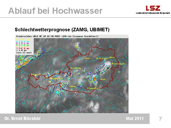 Ablauf bei Hochwasser Schlechtwetterprognose (ZAMG, UBIMET) Dr. Ernst Böcskör Mai 2011 7 