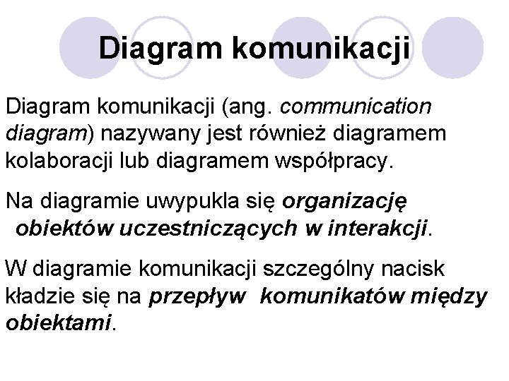 Diagram komunikacji (ang. communication diagram) nazywany jest również diagramem kolaboracji lub diagramem współpracy. Na