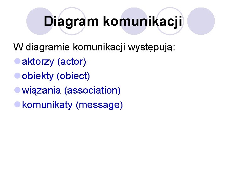 Diagram komunikacji W diagramie komunikacji występują: l aktorzy (actor) l obiekty (obiect) l wiązania