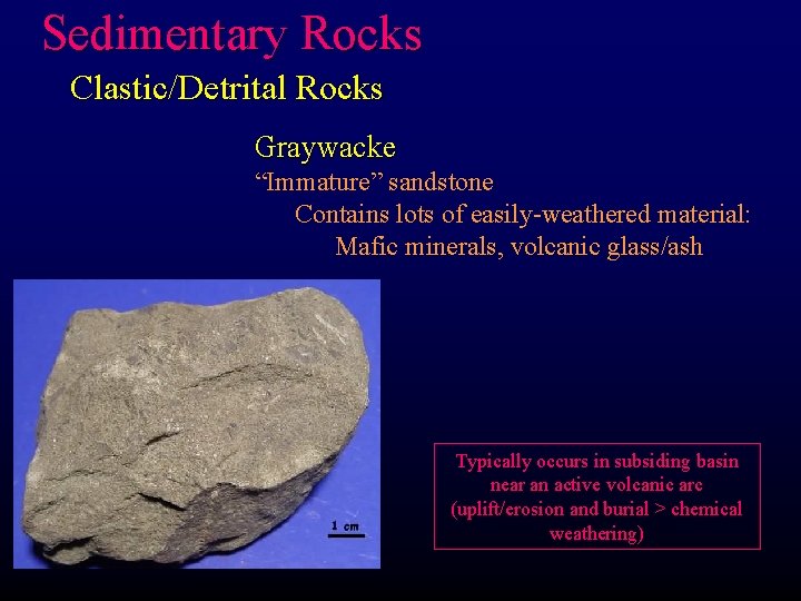 Sedimentary Rocks Clastic/Detrital Rocks Graywacke “Immature” sandstone Contains lots of easily-weathered material: Mafic minerals,