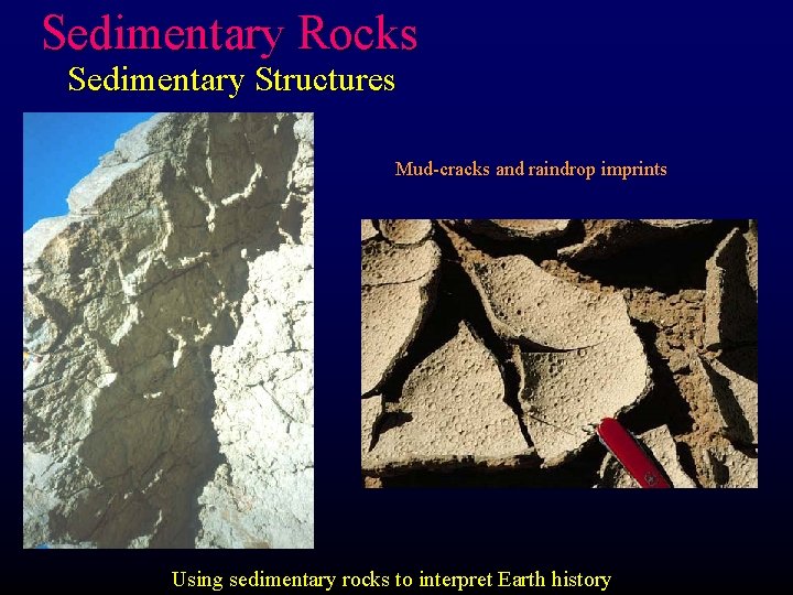 Sedimentary Rocks Sedimentary Structures Mud-cracks and raindrop imprints Using sedimentary rocks to interpret Earth