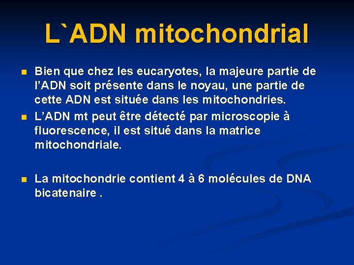 L`ADN mitochondrial n n n Bien que chez les eucaryotes, la majeure partie de