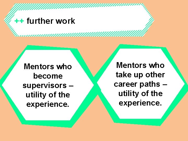 ++ further work Mentors who become supervisors – utility of the experience. Mentors who