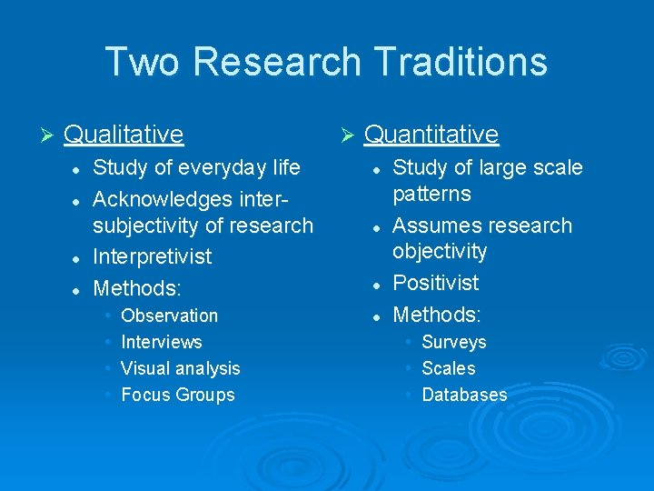 Two Research Traditions Ø Qualitative l l Study of everyday life Acknowledges intersubjectivity of