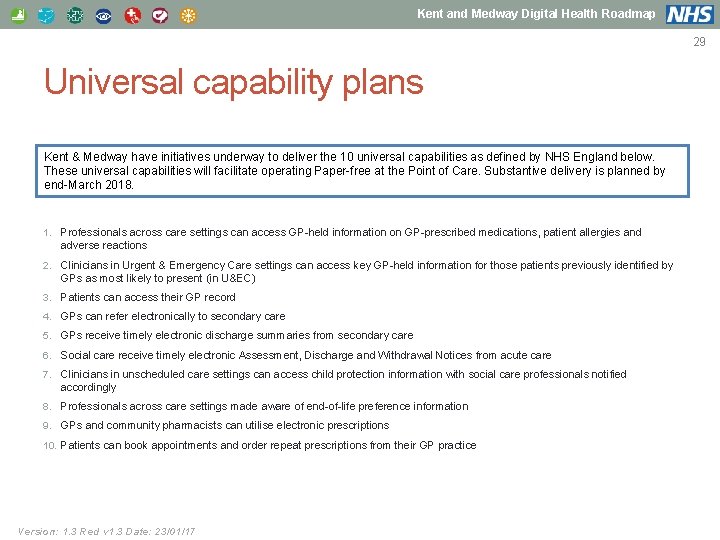 Kent and Medway Digital Health Roadmap 29 Universal capability plans Kent & Medway have