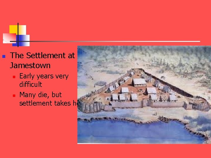 n The Settlement at Jamestown n n Early years very difficult Many die, but