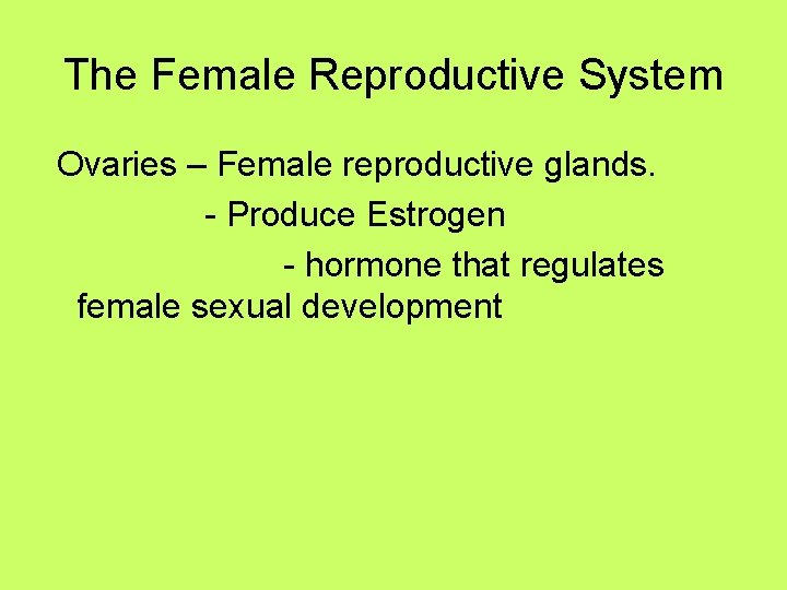 The Female Reproductive System Ovaries – Female reproductive glands. - Produce Estrogen - hormone