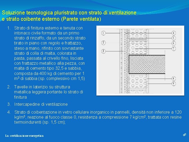 Soluzione tecnologica pluristrato con strato di ventilazione e strato coibente esterno (Parete ventilata) 1.