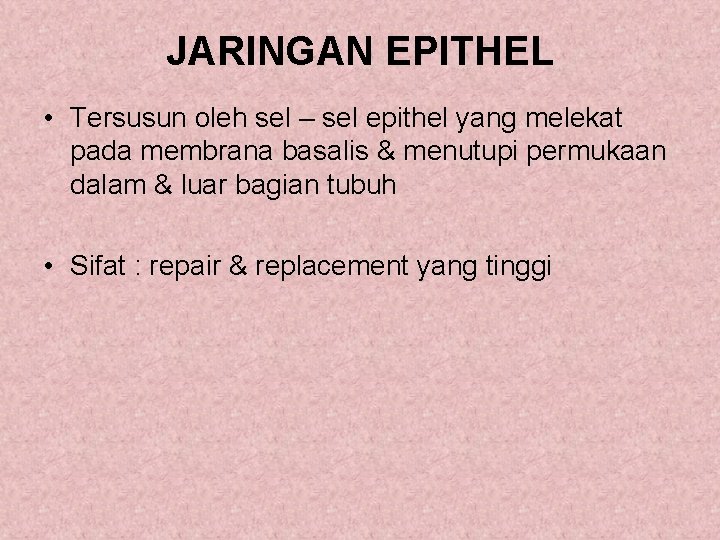 JARINGAN EPITHEL • Tersusun oleh sel – sel epithel yang melekat pada membrana basalis