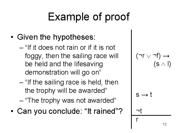 Example of proof • Given the hypotheses: – “If it does not rain or