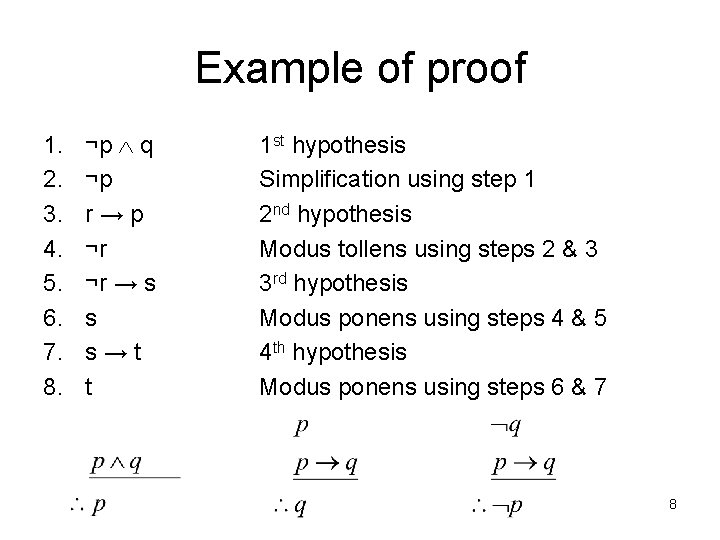 Example of proof 1. 2. 3. 4. 5. 6. 7. 8. ¬p q ¬p