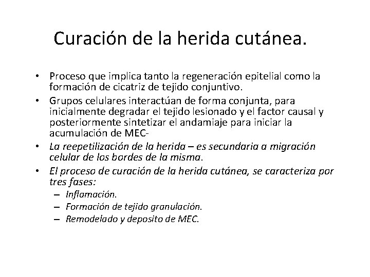 Curación de la herida cutánea. • Proceso que implica tanto la regeneración epitelial como