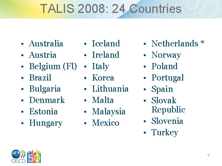 TALIS 2008: 24 Countries • • Australia Austria Belgium (Fl) Brazil Bulgaria Denmark Estonia