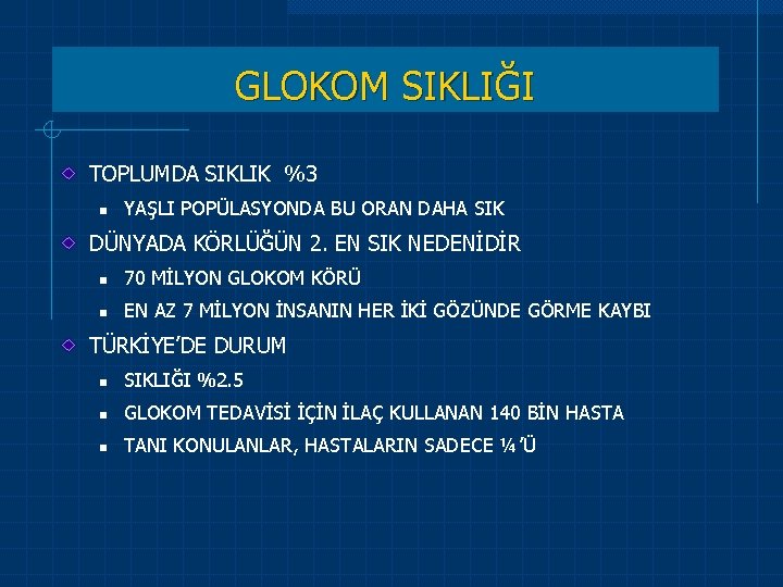 GLOKOM SIKLIĞI TOPLUMDA SIKLIK %3 n YAŞLI POPÜLASYONDA BU ORAN DAHA SIK DÜNYADA KÖRLÜĞÜN