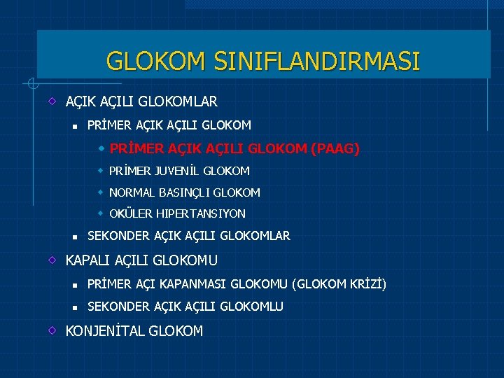 GLOKOM SINIFLANDIRMASI AÇIK AÇILI GLOKOMLAR n PRİMER AÇIK AÇILI GLOKOM w PRİMER AÇIK AÇILI