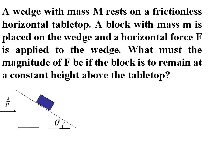 A wedge with mass M rests on a frictionless horizontal tabletop. A block with