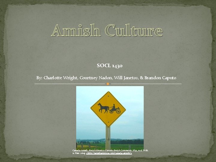 Amish Culture SOCL 1430 By: Charlotte Wright, Courtney Nadon, Will Janetos, & Brandon Caputo