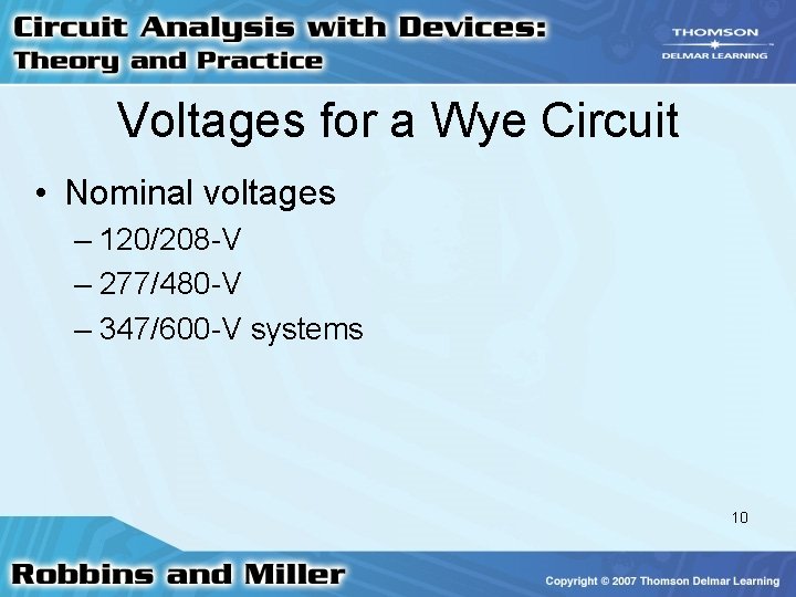Voltages for a Wye Circuit • Nominal voltages – 120/208 -V – 277/480 -V Voltages for a Wye Circuit • Nominal voltages – 120/208 -V – 277/480 -V
