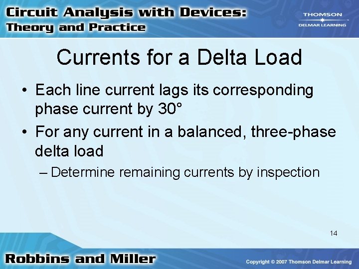 Currents for a Delta Load • Each line current lags its corresponding phase current Currents for a Delta Load • Each line current lags its corresponding phase current