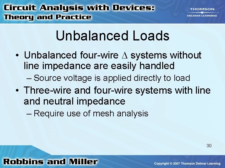 Unbalanced Loads • Unbalanced four-wire systems without line impedance are easily handled – Source Unbalanced Loads • Unbalanced four-wire systems without line impedance are easily handled – Source