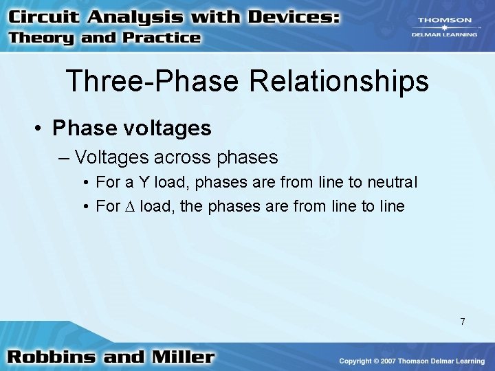 Three-Phase Relationships • Phase voltages – Voltages across phases • For a Y load, Three-Phase Relationships • Phase voltages – Voltages across phases • For a Y load,