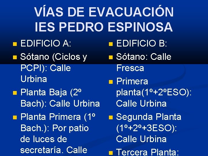 VÍAS DE EVACUACIÓN IES PEDRO ESPINOSA EDIFICIO A: Sótano (Ciclos y PCPI): Calle Urbina