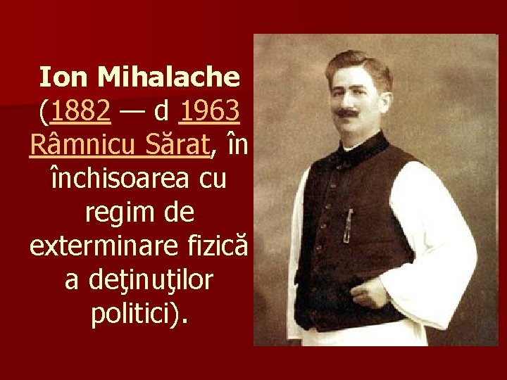 Ion Mihalache (1882 — d 1963 Râmnicu Sărat, în închisoarea cu regim de exterminare