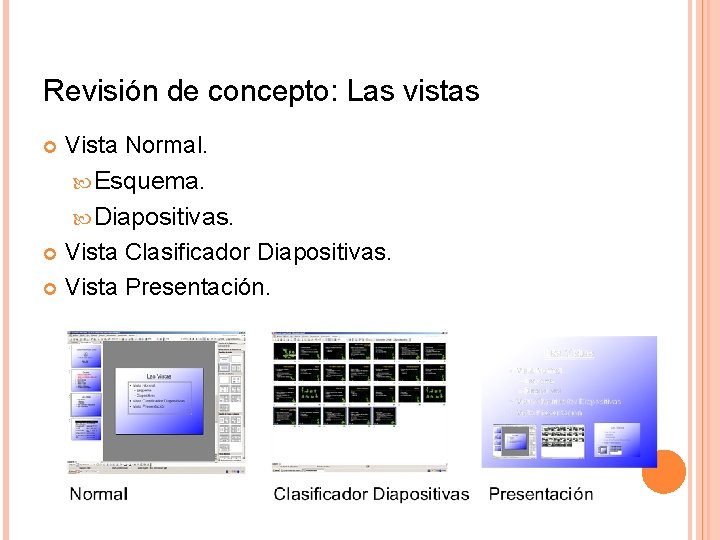 Revisión de concepto: Las vistas Vista Normal. Esquema. Diapositivas. Vista Clasificador Diapositivas. Vista Presentación.