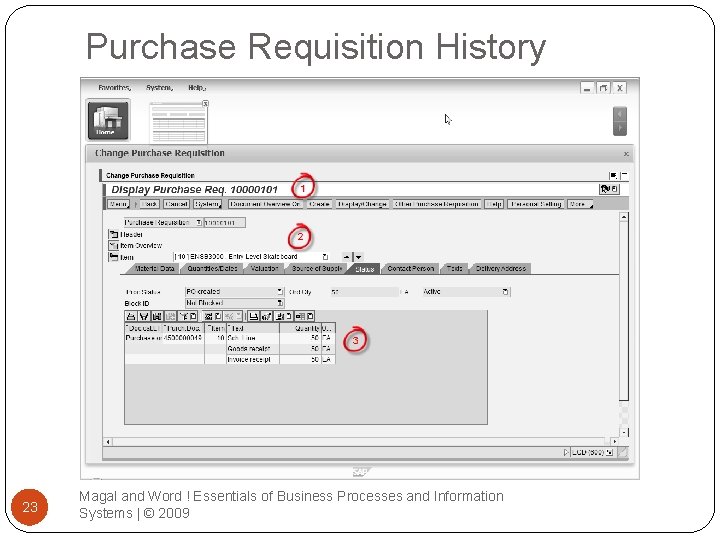 Purchase Requisition History 23 Magal and Word ! Essentials of Business Processes and Information