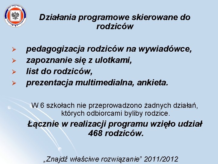 Działania programowe skierowane do rodziców Ø Ø pedagogizacja rodziców na wywiadówce, zapoznanie się z