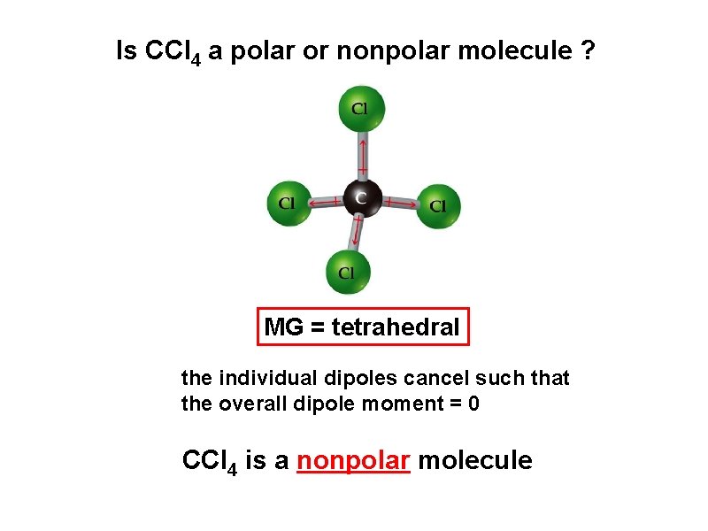 Is CCl 4 a polar or nonpolar molecule ? MG = tetrahedral the individual