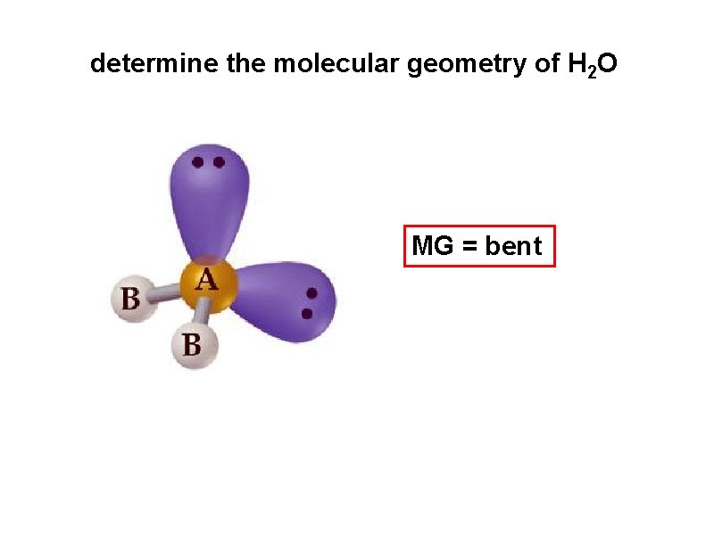 determine the molecular geometry of H 2 O MG = bent 