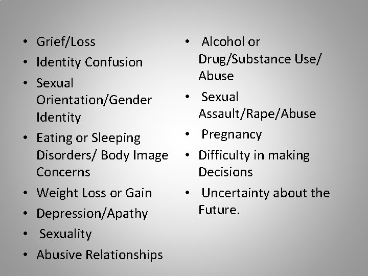  • Grief/Loss • Identity Confusion • Sexual Orientation/Gender Identity • Eating or Sleeping