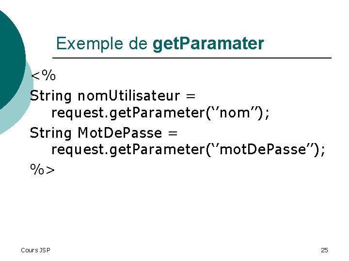 Exemple de get. Paramater <% String nom. Utilisateur = request. get. Parameter(‘’nom’’); String Mot.