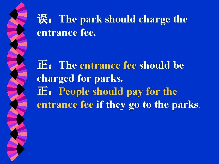 误：The park should charge the entrance fee. 正：The entrance fee should be charged for