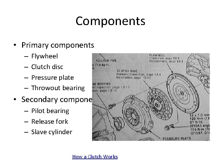 Components • Primary components – – Flywheel Clutch disc Pressure plate Throwout bearing •