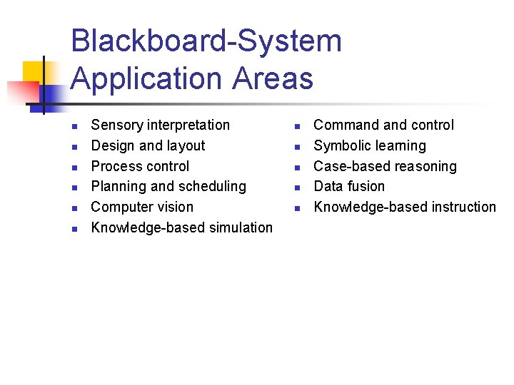 Blackboard-System Application Areas n n n Sensory interpretation Design and layout Process control Planning