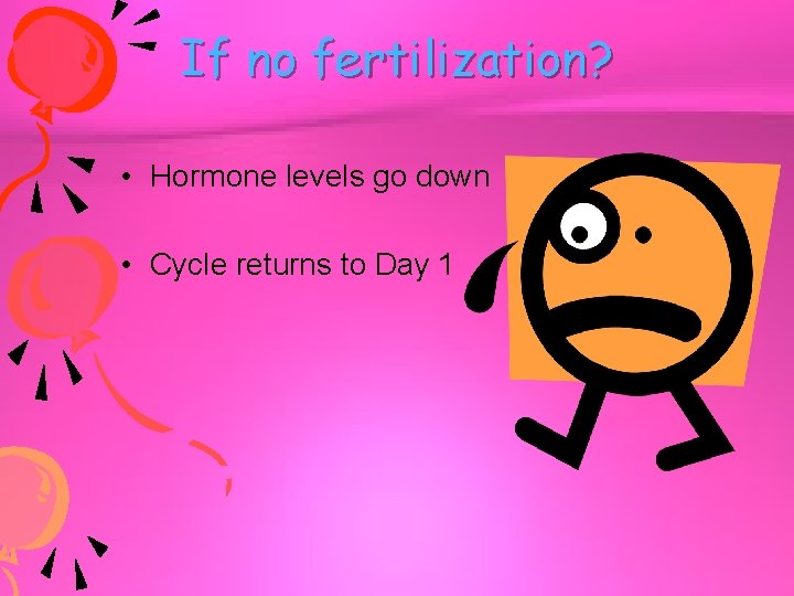 If no fertilization? • Hormone levels go down • Cycle returns to Day 1