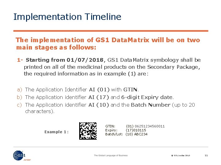 Implementation Timeline The implementation of GS 1 Data. Matrix will be on two main