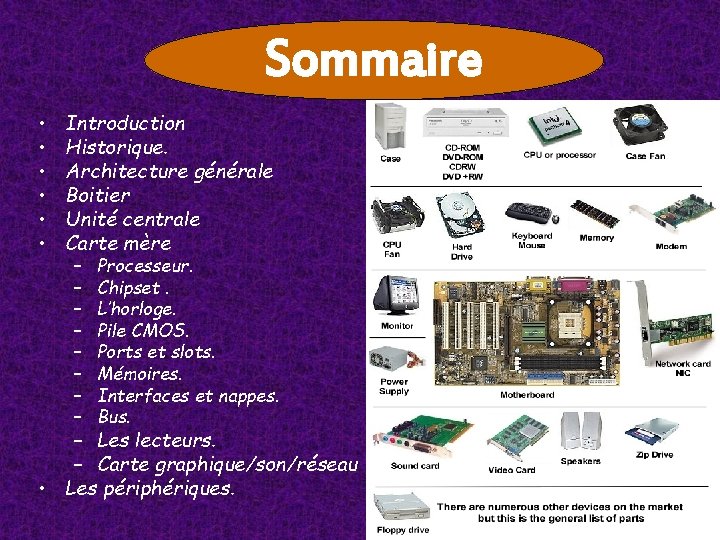 Sommaire • • • Introduction Historique. Architecture générale Boitier Unité centrale Carte mère – Sommaire • • • Introduction Historique. Architecture générale Boitier Unité centrale Carte mère –
