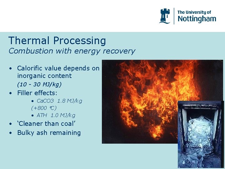 Thermal Processing Combustion with energy recovery • Calorific value depends on inorganic content (10