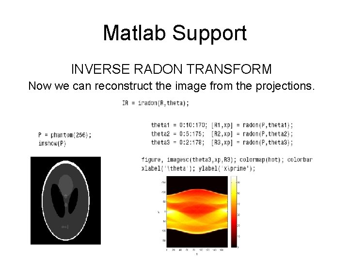 Matlab Support INVERSE RADON TRANSFORM Now we can reconstruct the image from the projections.