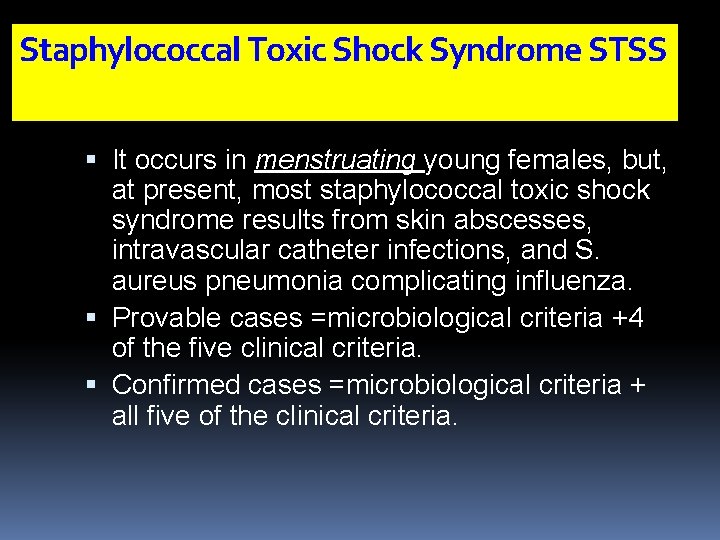Staphylococcal Toxic Shock Syndrome STSS It occurs in menstruating young females, but, at present,