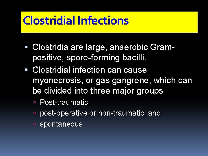 Clostridial Infections Clostridia are large, anaerobic Grampositive, spore-forming bacilli. Clostridial infection cause myonecrosis, or