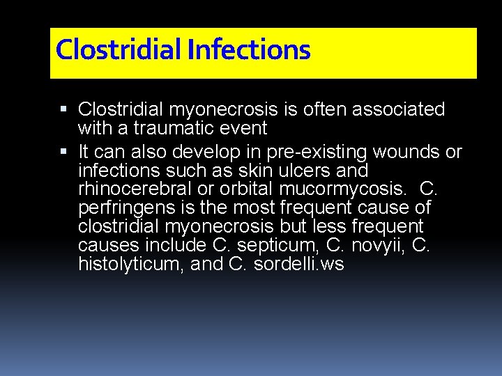 Clostridial Infections Clostridial myonecrosis is often associated with a traumatic event It can also