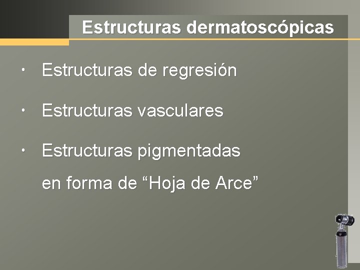 Estructuras dermatoscópicas Estructuras de regresión Estructuras vasculares Estructuras pigmentadas en forma de “Hoja de
