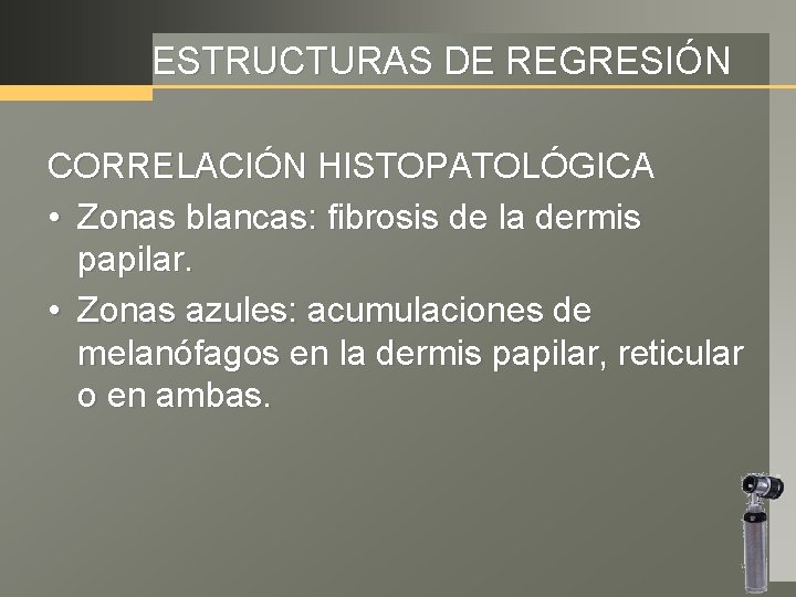 ESTRUCTURAS DE REGRESIÓN CORRELACIÓN HISTOPATOLÓGICA • Zonas blancas: fibrosis de la dermis papilar. •