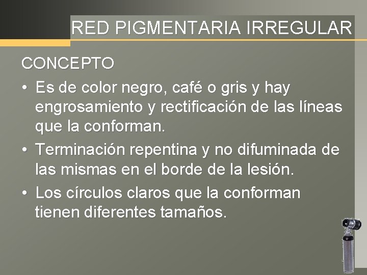 RED PIGMENTARIA IRREGULAR CONCEPTO • Es de color negro, café o gris y hay