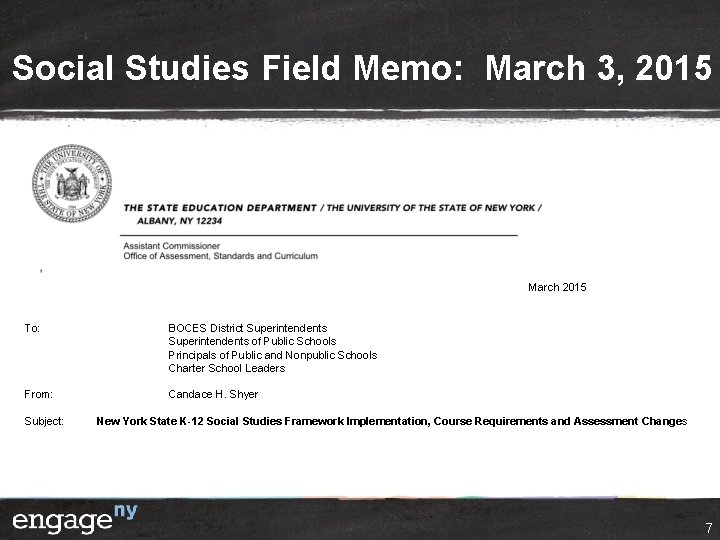 Social Studies Field Memo: March 3, 2015 March 2015 To: From: Subject: BOCES District